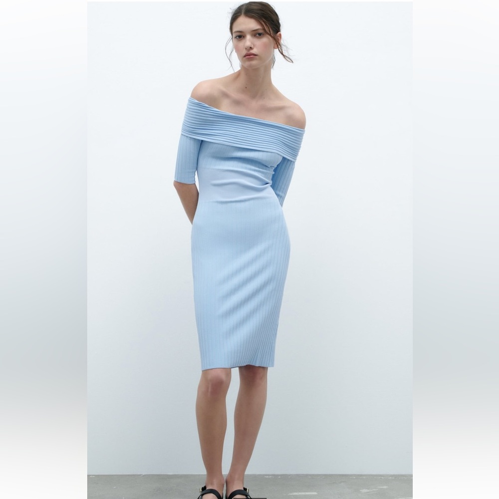 Zara OFF-THE-SHOULDER KNIT DRESS. Light Blue. Size S. New with Tags. - Picture 1 of 10